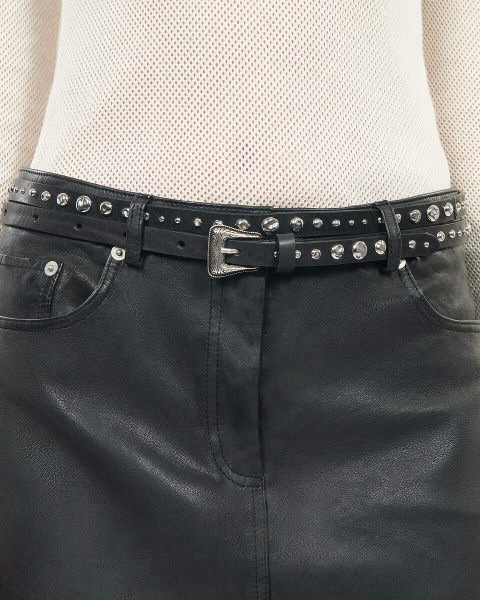 Thin leather belt with black studs