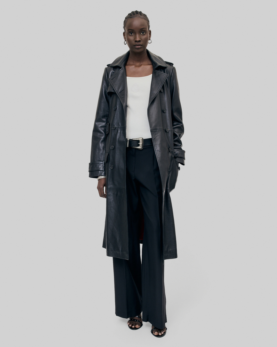 Long black leather trench coat