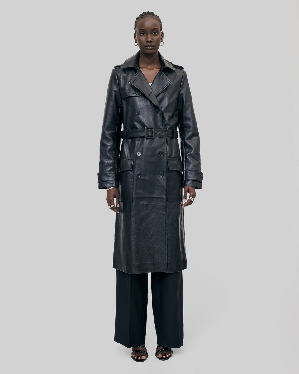 Long black leather trench coat