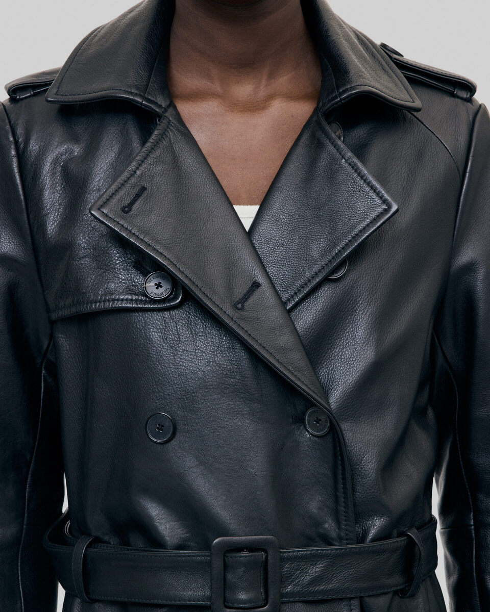 Long black leather trench coat