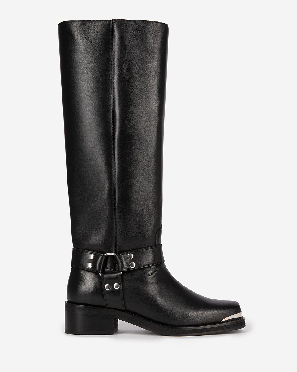Black leather strap boots