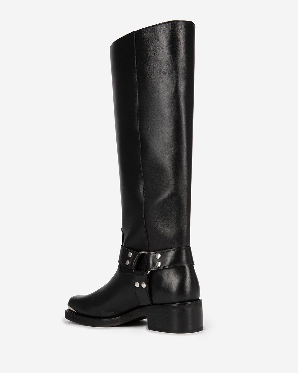 Black leather strap boots