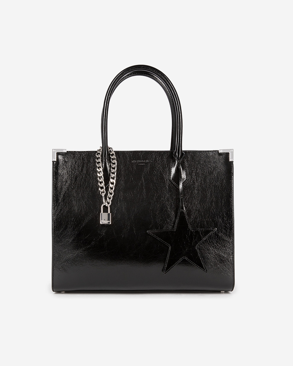 Ming L tote bag in black cracked leather