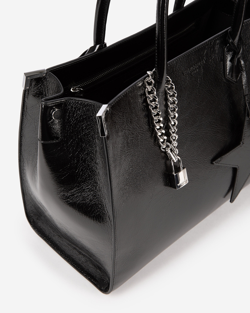 Ming L tote bag in black cracked leather