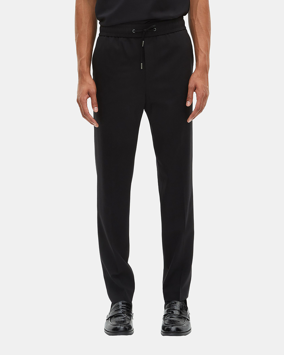Black wool straight elasticated trousers