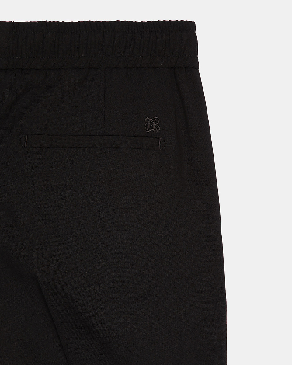 Black wool straight elasticated trousers