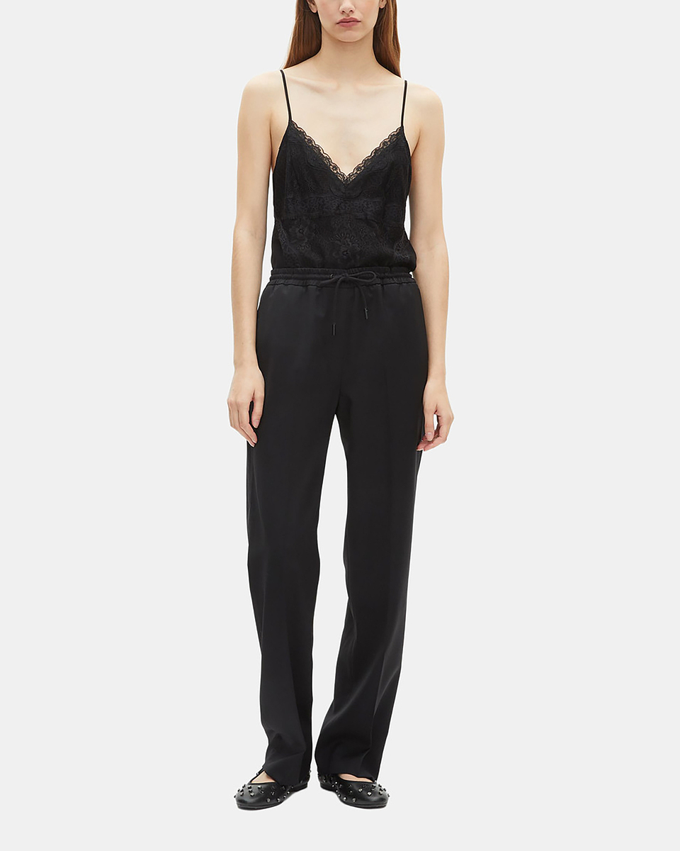 Black straight-leg wool pants