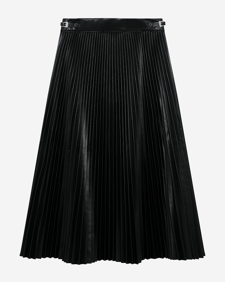 Black leather-effect pleated long skirt