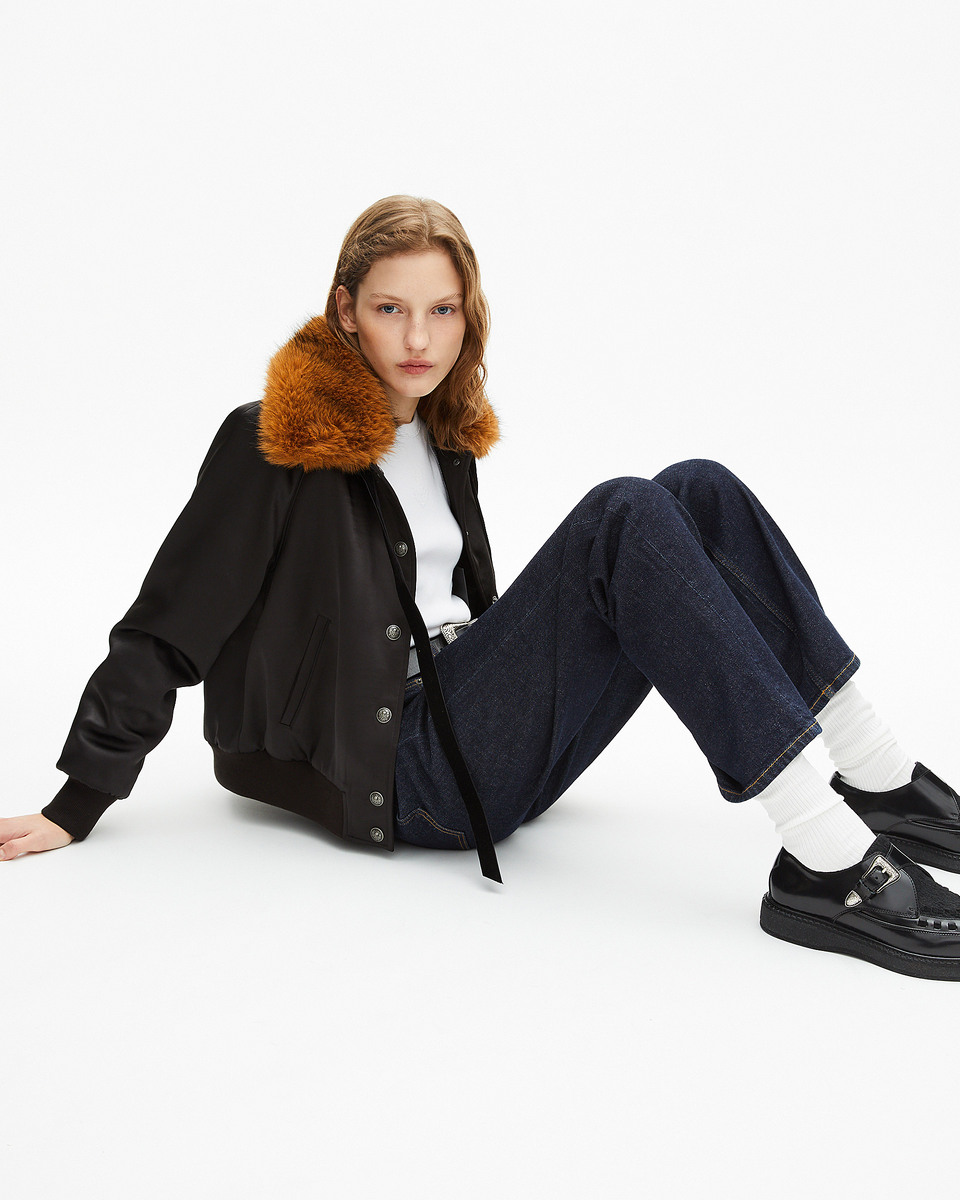 Black satin fur collar jacket