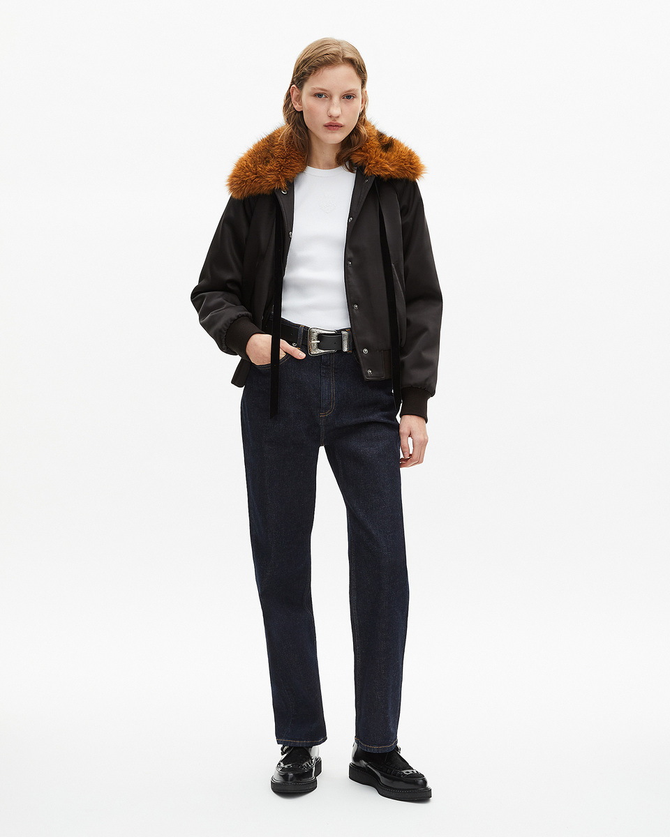 Black satin fur collar jacket