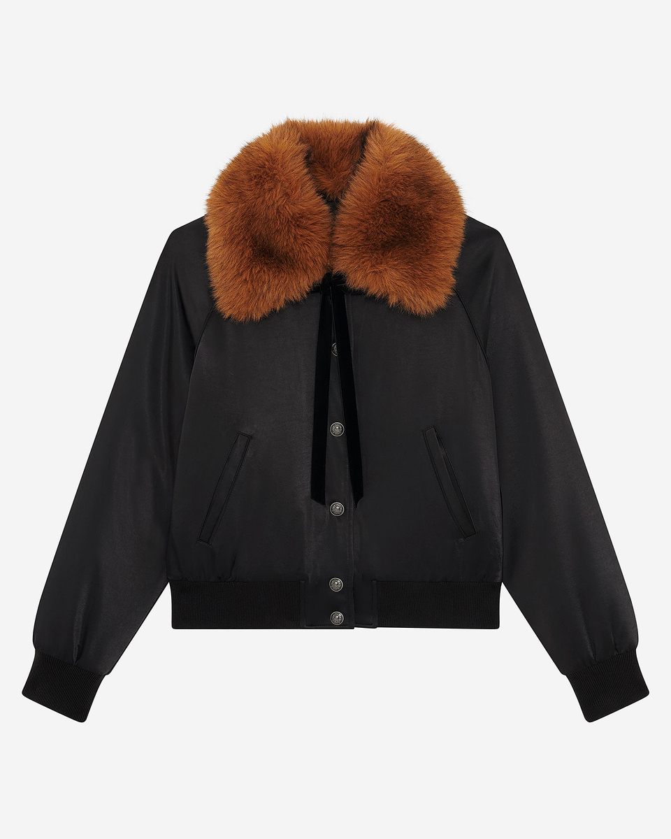 Black satin fur collar jacket