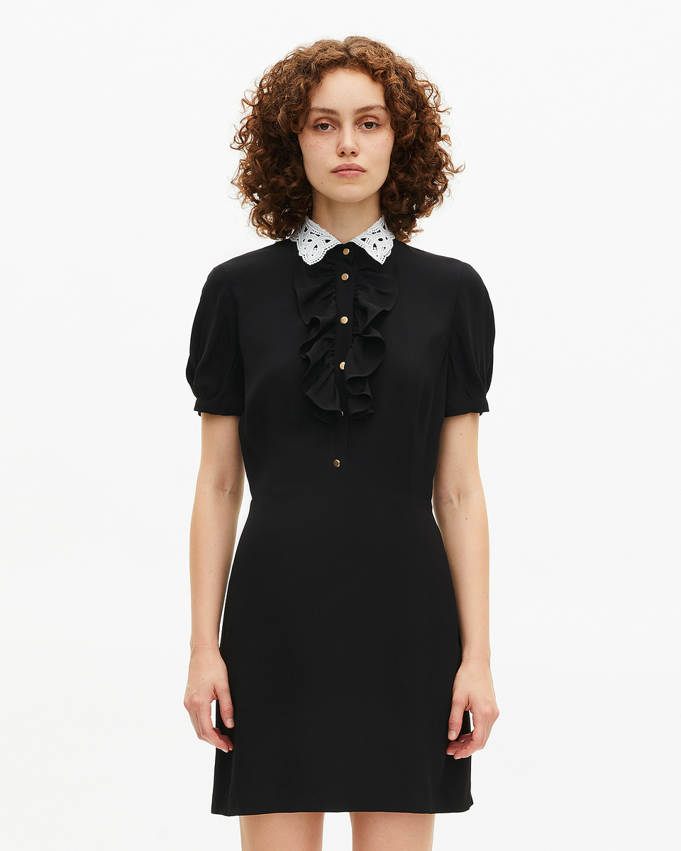 Short black dress with contrasting embroidered collar