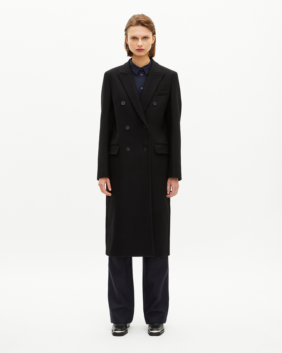 Long black wool double-breasted coat