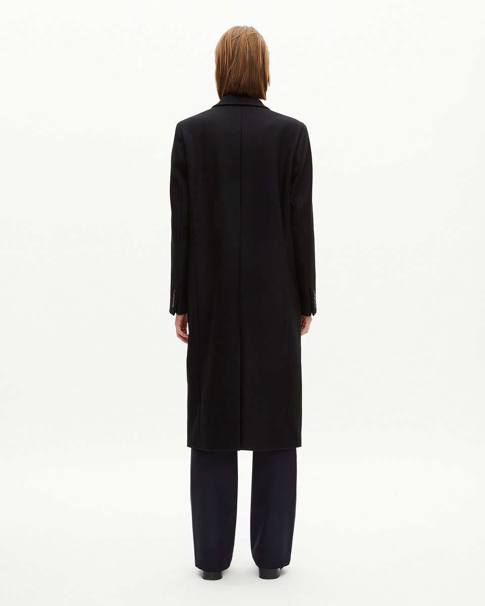 Long black wool double-breasted coat