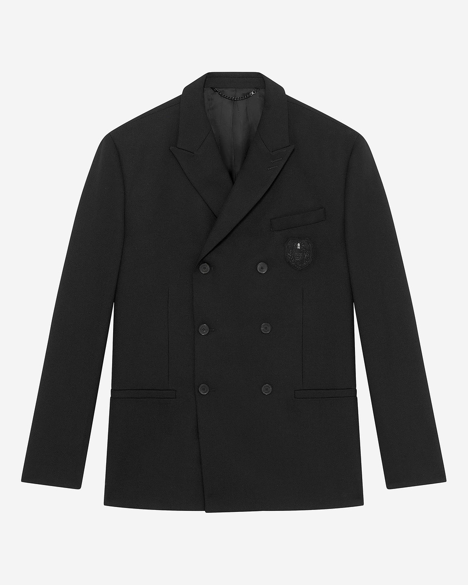 Double-breasted straight jacket with black crest