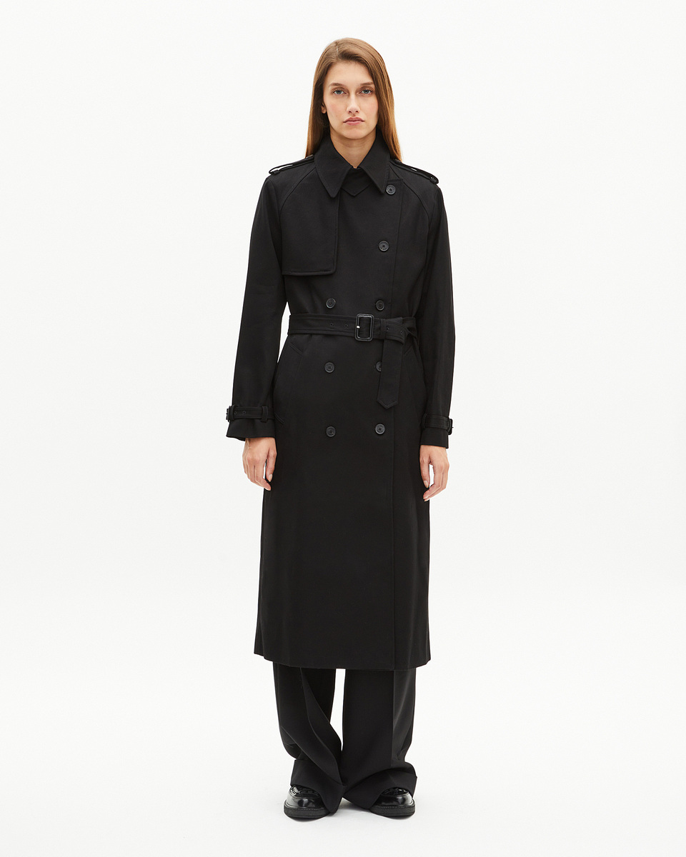 Long black cotton trench coat