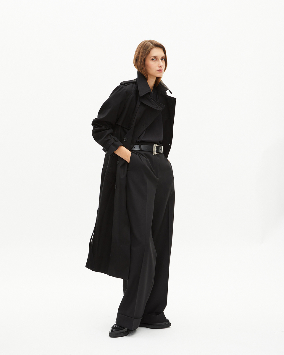 Long black cotton trench coat
