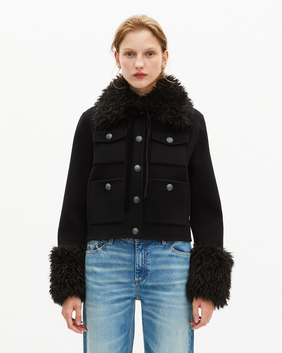 Short black wool jacket with sherpa collar