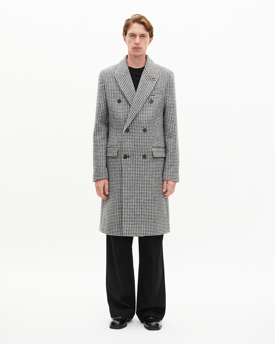 Long black and white wool houndstooth coat