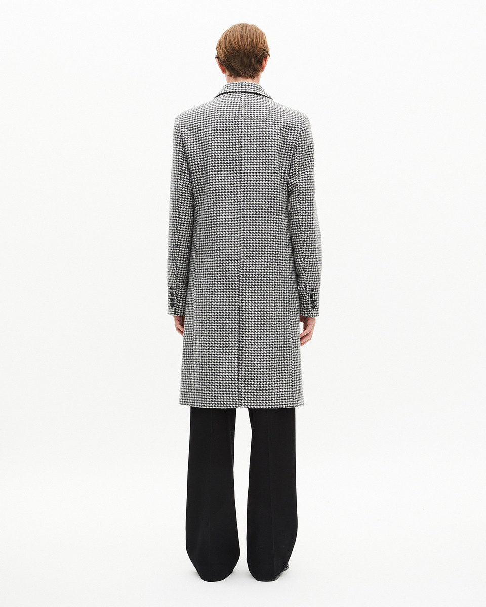 Long black and white wool houndstooth coat