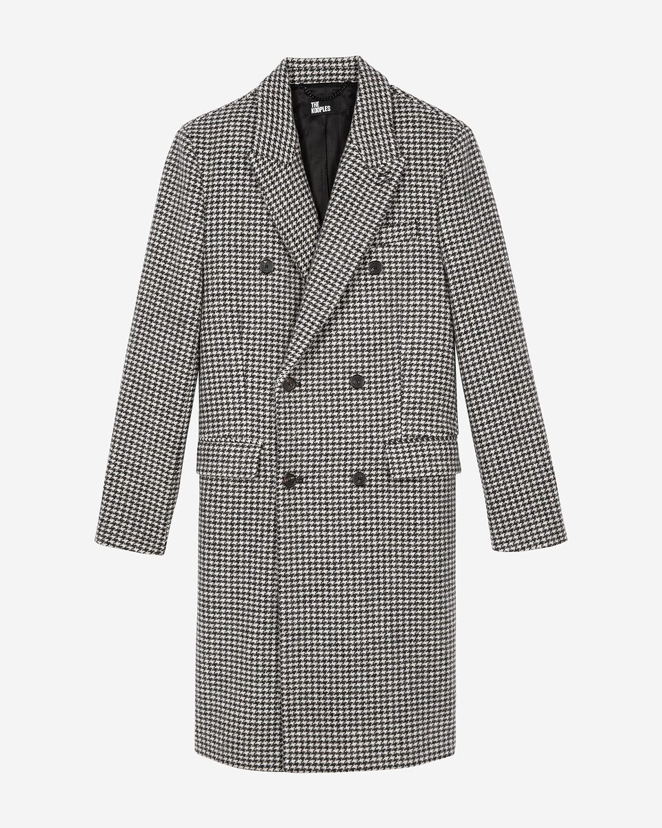 Long black and white wool houndstooth coat