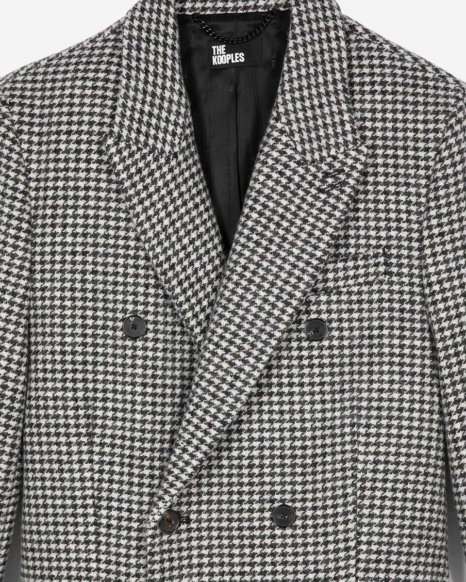 Long black and white wool houndstooth coat