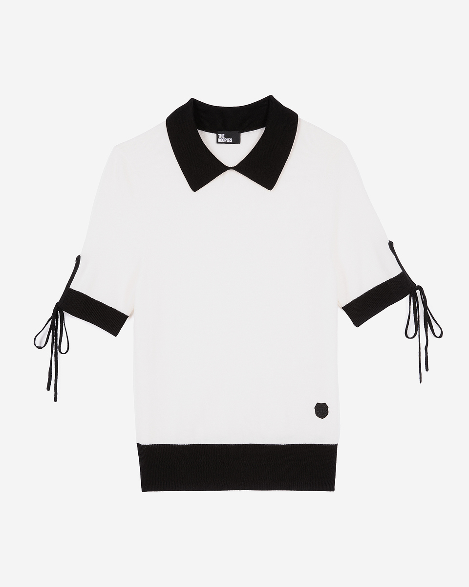 Short-sleeved ecru wool sweater
