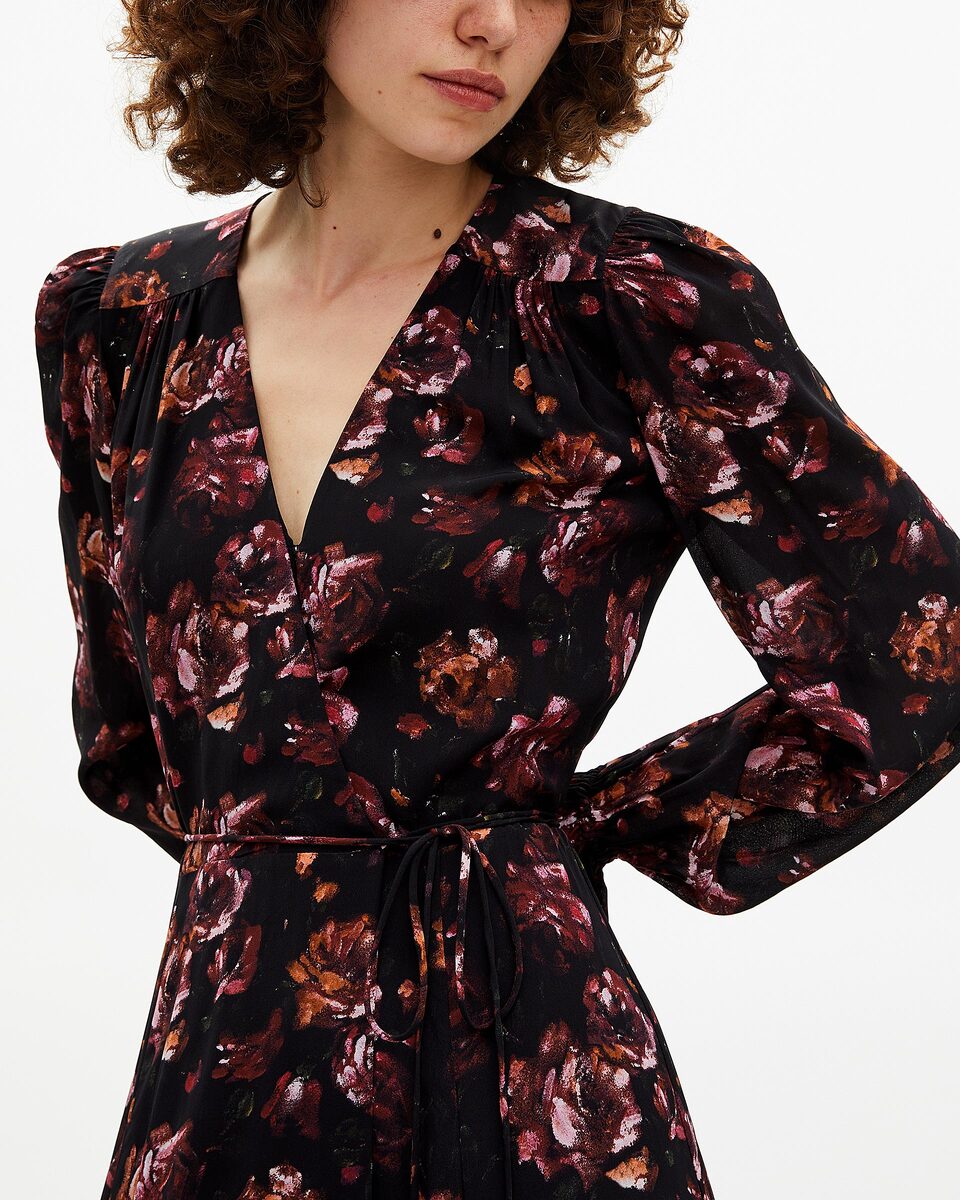 Burgundy silk blend floral print long dress