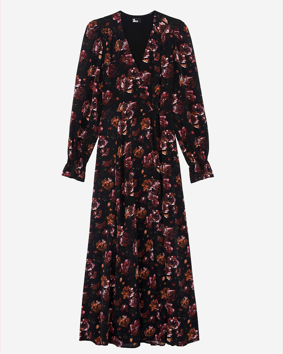 Burgundy silk blend floral print long dress