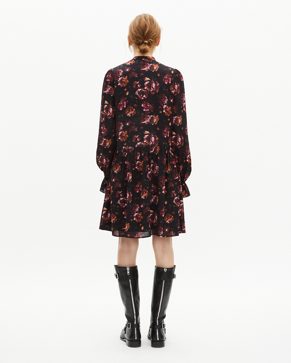 Rose print short dress in burgundy silk blend