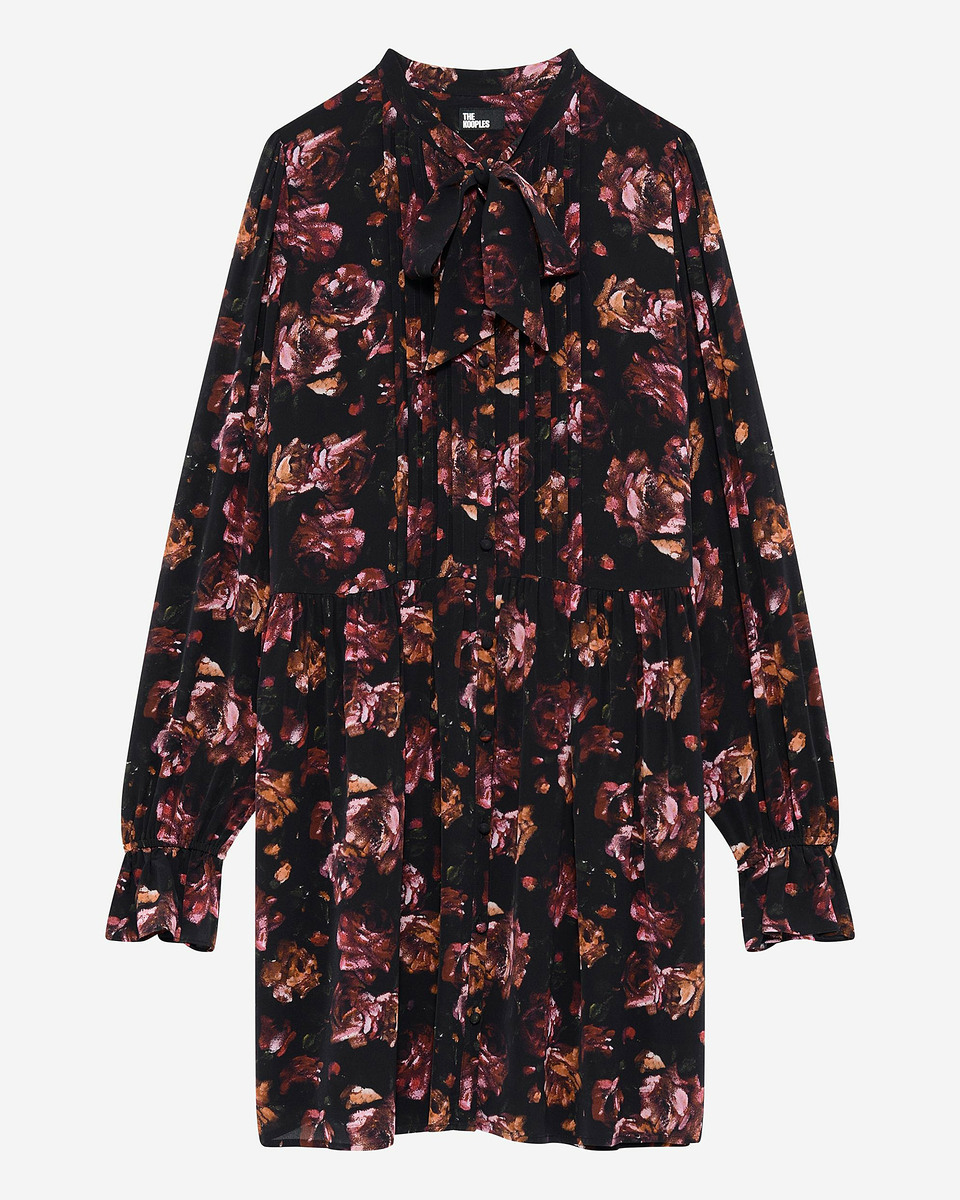 Rose print short dress in burgundy silk blend