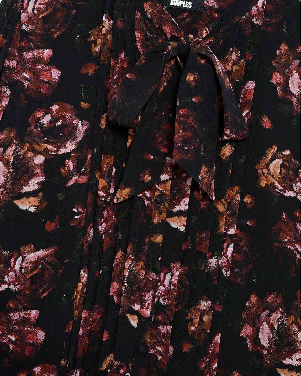 Rose print short dress in burgundy silk blend