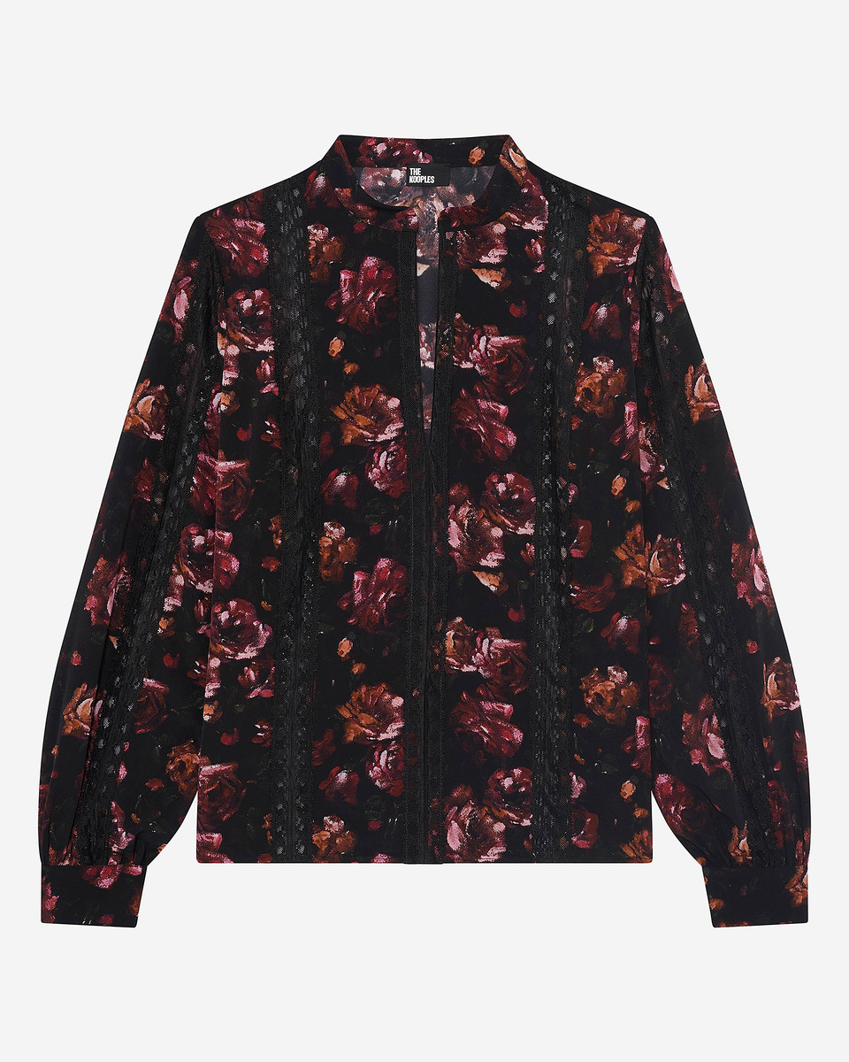 Rose-print blouse in burgundy silk blend