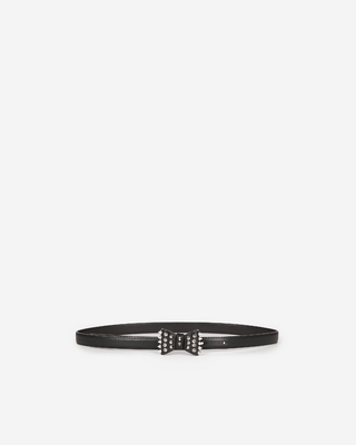 Slim black leather belt with bow