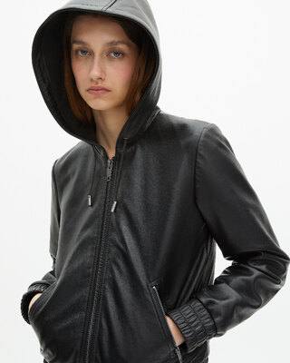 Black leather hooded jacket