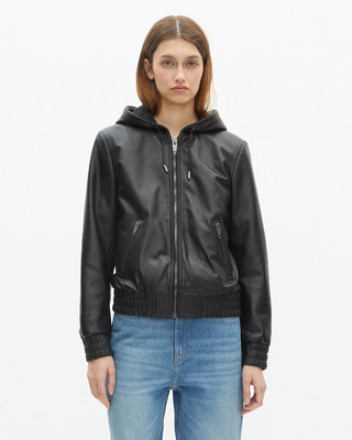 Black leather hooded jacket