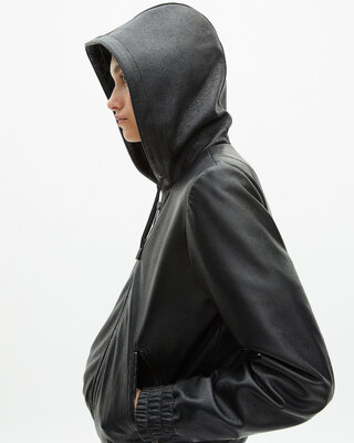 Black leather hooded jacket