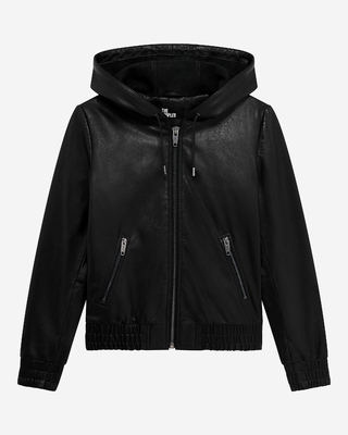 Black leather hooded jacket