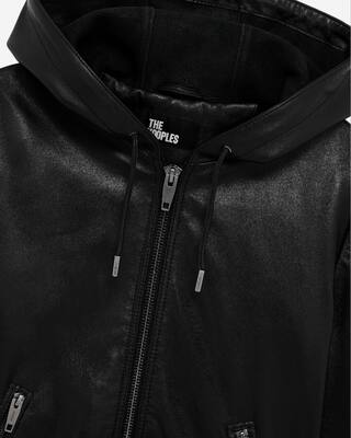 Black leather hooded jacket