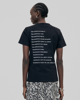 'What Is' T-shirt with black rhinestones