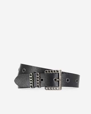 Leather belt with black chain buckle