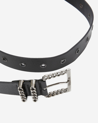 Leather belt with black chain buckle