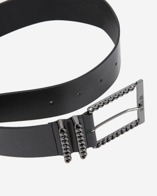 Leather belt with black chain buckle