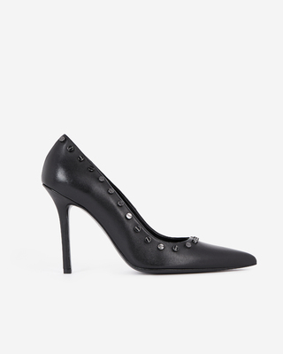 Black leather studded heeled pumps