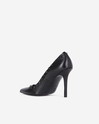 Black leather studded heeled pumps