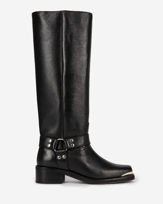 Black leather strap boots