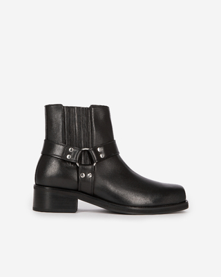 Black leather ankle boots with straps