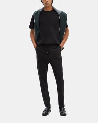 Black wool straight elasticated trousers