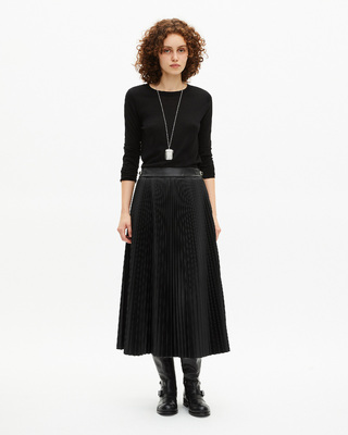 Black leather-effect pleated long skirt