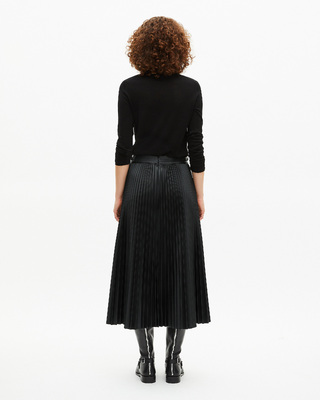 Black leather-effect pleated long skirt